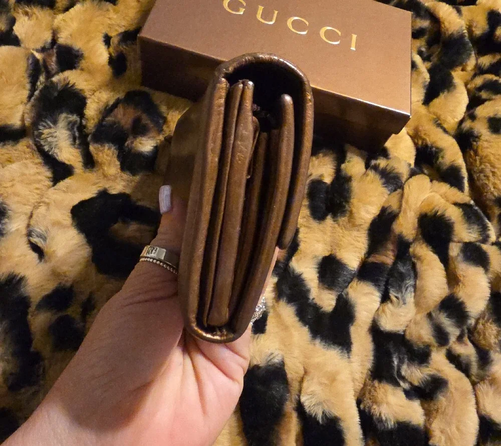 Gucci Metallic Brown Leather Continental Wallet with Double G